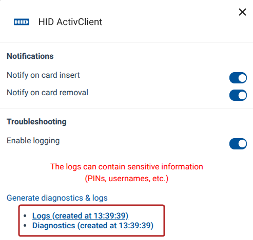 The extension options dialog with generated log and diagnostic files