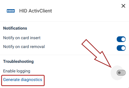 The extension options dialog with logging disabled