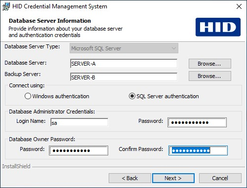 HID Credential Management System Database Server Information dialog box with the various fields completed with information based on a Microsoft SQL Server