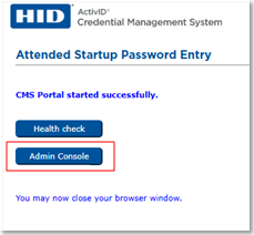 Attended Startup Password Entry dialog box with Admin Console button outlined in red