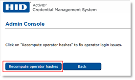 Admin Console dialog box with Recompute operator hashes button outlined in red