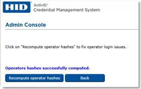 Admin Console dialog box with message indicating that operator hashes were computed successfully