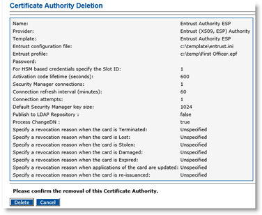 Certificate Authority Deletion dialog box displaying information specified for the CA with a Delete button and a Cancel button at the bottom