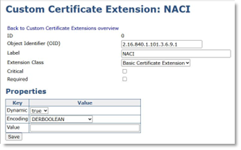 EJBCA Custom Certificate Extension: NACI settings including the OID, Label, and Extension Class, as well as various options and properties