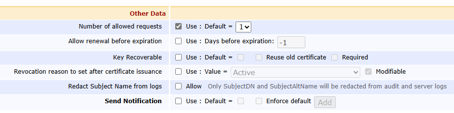 EJBCA Other Data section showing various settings including the Number of allowed requests set with a Default value of 1