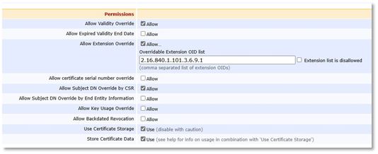EJBCA Permissions settings with Allow Validity Override, Allow Extension Override, Allow Subject DN Override by CSR, Use Certificate Storage and Store Certificate Data options enabled