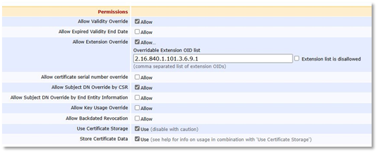 EJBCA Permissions settings with Allow Validity Override, Allow Extension Override, Allow Subject DN Override by CSR, Use Certificate Storage and Store Certificate Data options enabled