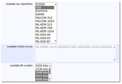 EJBCA Available Key Algorithms options with drop-down list set to RSA and Available Bit Lengths drop-down list deployed with 2048 bits, 3072 bits and 4096 bits highlighted