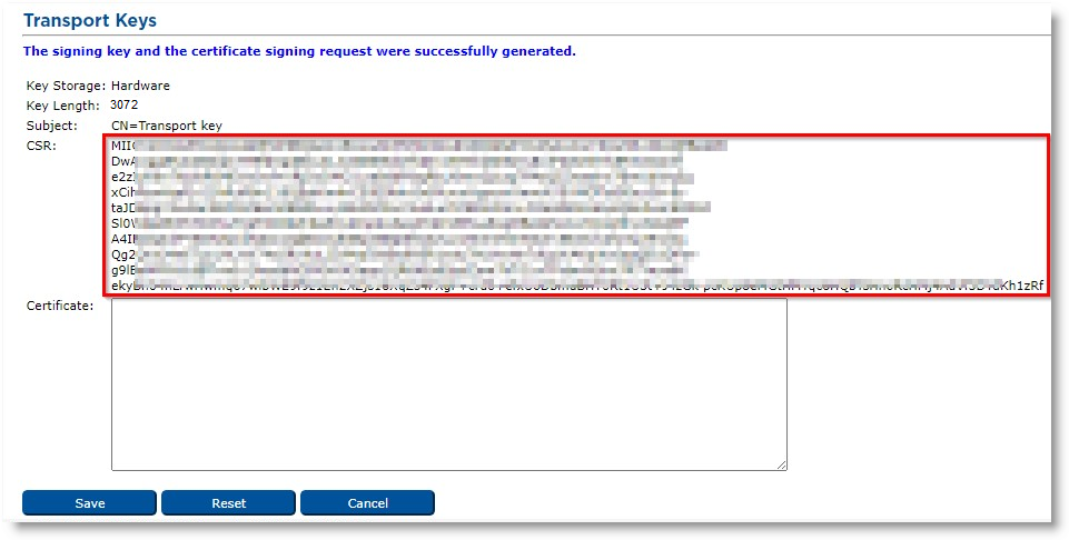 Transport Keys dialog box with CSR field outlined in red and Certificate field empty
