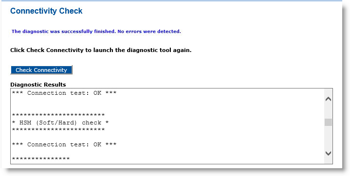 Connectivity Check page with Diagnostic Results displayed