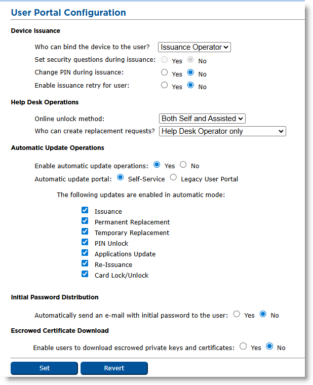 User Portal Configuration dialog box with options that can be set for Device Issuance, Help Desk Operations, Automatic Update Operations, Initial Password Distribution and Escrowed Certificate Download