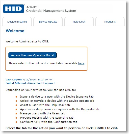 Welcome page of CMS Operator portal with button to Access the new Operator Portal as well as general information about using CMS
