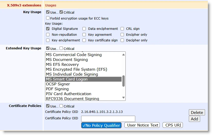 EJBCA X.509v3 Extensions settings with the Key Usage set to Digital Signature and the Extended Key Usage drop-down list deployed with MS Smart Card Login selected