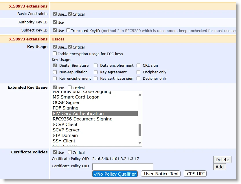EJBCA X.509v3 Extensions settings with the Key Usage set to Digital Signature and the Extended Key Usage drop-down list deployed with PIV Card Authentication selected
