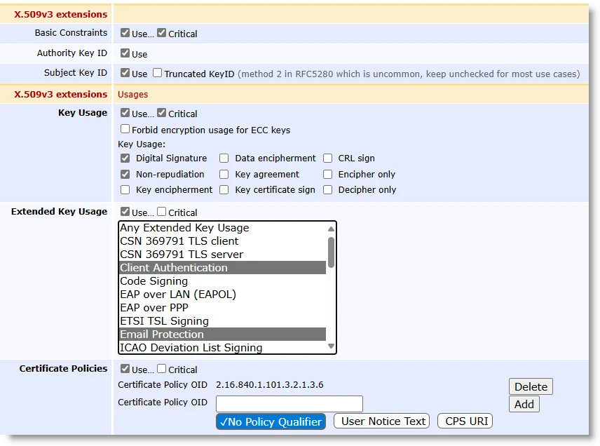 EJBCA X.509v3 Extensions settings with the Key Usage set to Digital Signature and Non-repudiation, and the Extended Key Usage drop-down list deployed with Client Authentication and Email Protection selected
