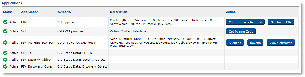Applications section of Help Desk Overview page with details about the active device applications as well as available actions