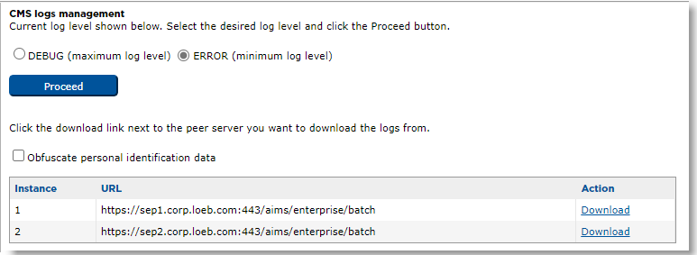 CMS logs management section of Troubleshooting page with list of peer servers whose logs you can download