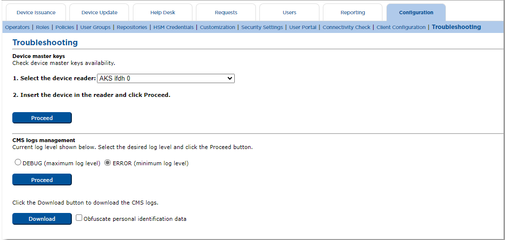 Troubleshooting section of Configuration tab displaying Device master keys and CMS logs management sections