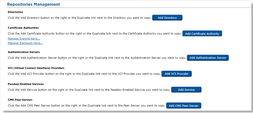Repositories Management window with various settings for directories, certificate authorities, authentication servers, VCI providers, passkey-enabled services and CMS peer servers