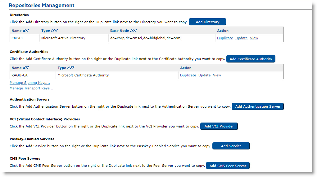 Repositories Management window with various settings for directories, certificate authorities, authentication servers, VCI providers, passkey-enabled services and CMS peer servers