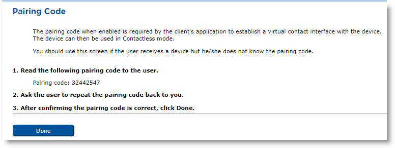 Pairing Code page displaying the Pairing code along with information about its use as well as the procedure for providing it to the user