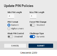 The Update PIN Policies dialog for Crescendo 2300 Cards