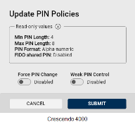 The Update PIN Policies dialog for Crescendo 4000 Cards