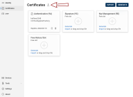 Certificates view with the Upload to certificate store / Keychain icon highlighted.