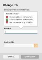 Image of PIN policies displayed above the New PIN field