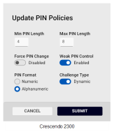 The Update PIN Policies dialog for Crescendo 2300 Cards