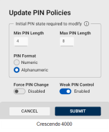 The Update PIN Policies dialog for Crescendo 4000 Cards