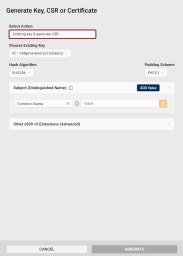 The Generate Key, CSR or Certificate dialog with the Existing key and generate CSR option selected.