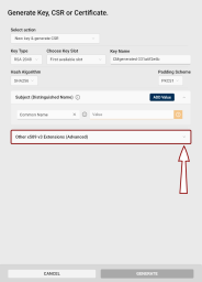 The Generate Key, CSR or Certificate dialog with the Other x509 extensions field highlighted.