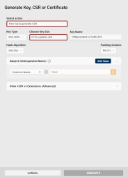 The Generate Key, CSR or Certificate dialog with the Select action and the Choose Key Slot fields highlighted.