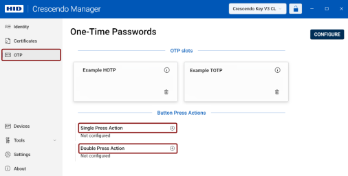 One-Time Password view with the single and double press action sections highlighted.