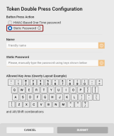 Token Double Press Configuration dialog with Static password selected.