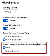 Miscellaneous section with Token Unsupported Functionality Display Mode highlghted.