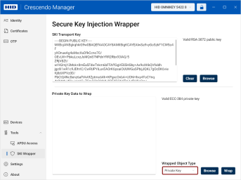 The Secure Key Injection Wrapper view with the Wrapped Object Type dropdown highlighted.