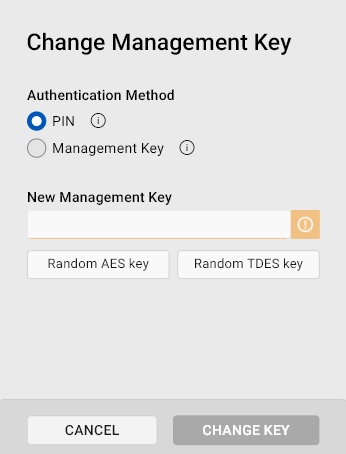 Change Management Key dialog The Change Management Key dialog with the PIN authentication method selected.