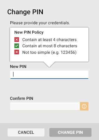 PIN policies PIN policies displayed above the New PIN field