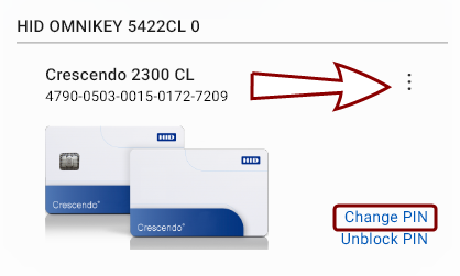 A device tile with the kebab menu icon and the Change PIN link highlighted.