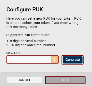 Configure PUK dialog when no PUK has been set yet. Configure PUK dialog.