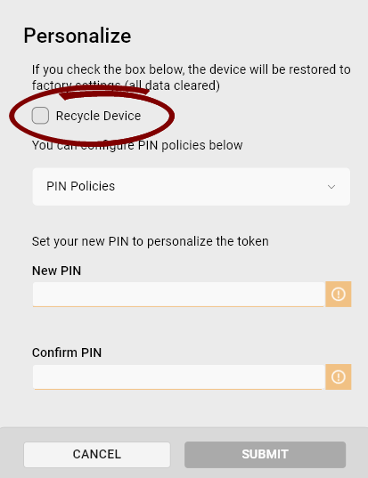 Personalize dialog with the Recycle Device option highlighted