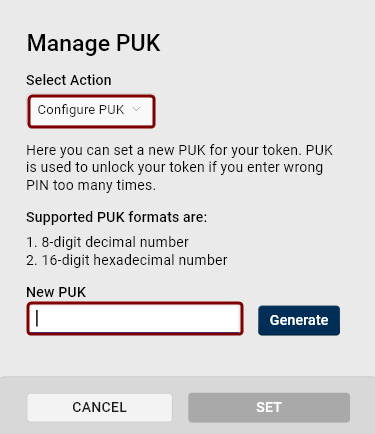 Manage PUK dialog box when PUK already exists. Manage PUK dialog.