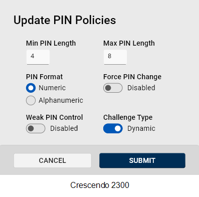 Crescendo 2300 Update PIN Policies dialog The Update PIN Policies dialog for Crescendo 2300 Cards