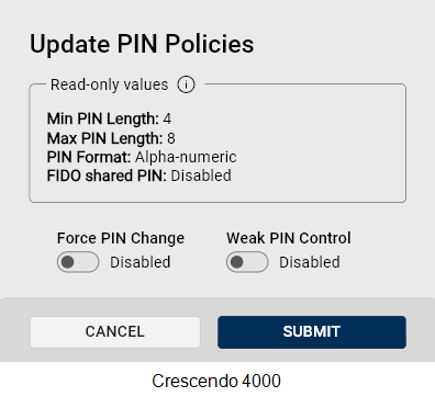 Crescendo 4000 Update PIN Policies The Update PIN Policies dialog for Crescendo 4000 Cards