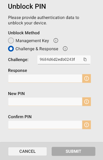 Unblock PIN dialog The Unblock PIN dialog with the Challenge and Response option selected.