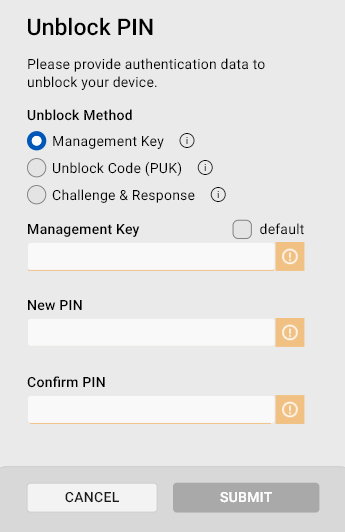 Unblock PIN dialog The Unblock PIN dialog with the Management Key option selected.
