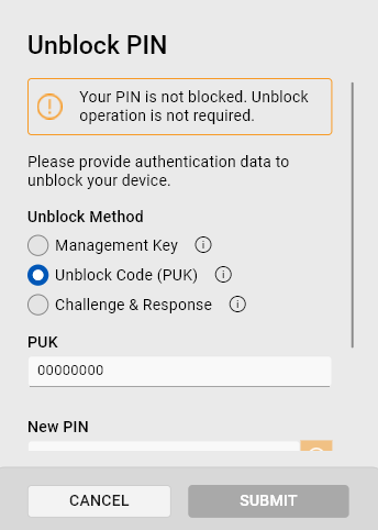 Unblock PIN dialog when the PIN is not blocked.