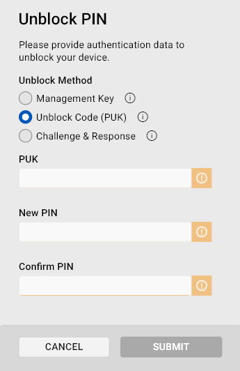 Unblock PIN dialog Unblock PIN dialog with the PUK option available